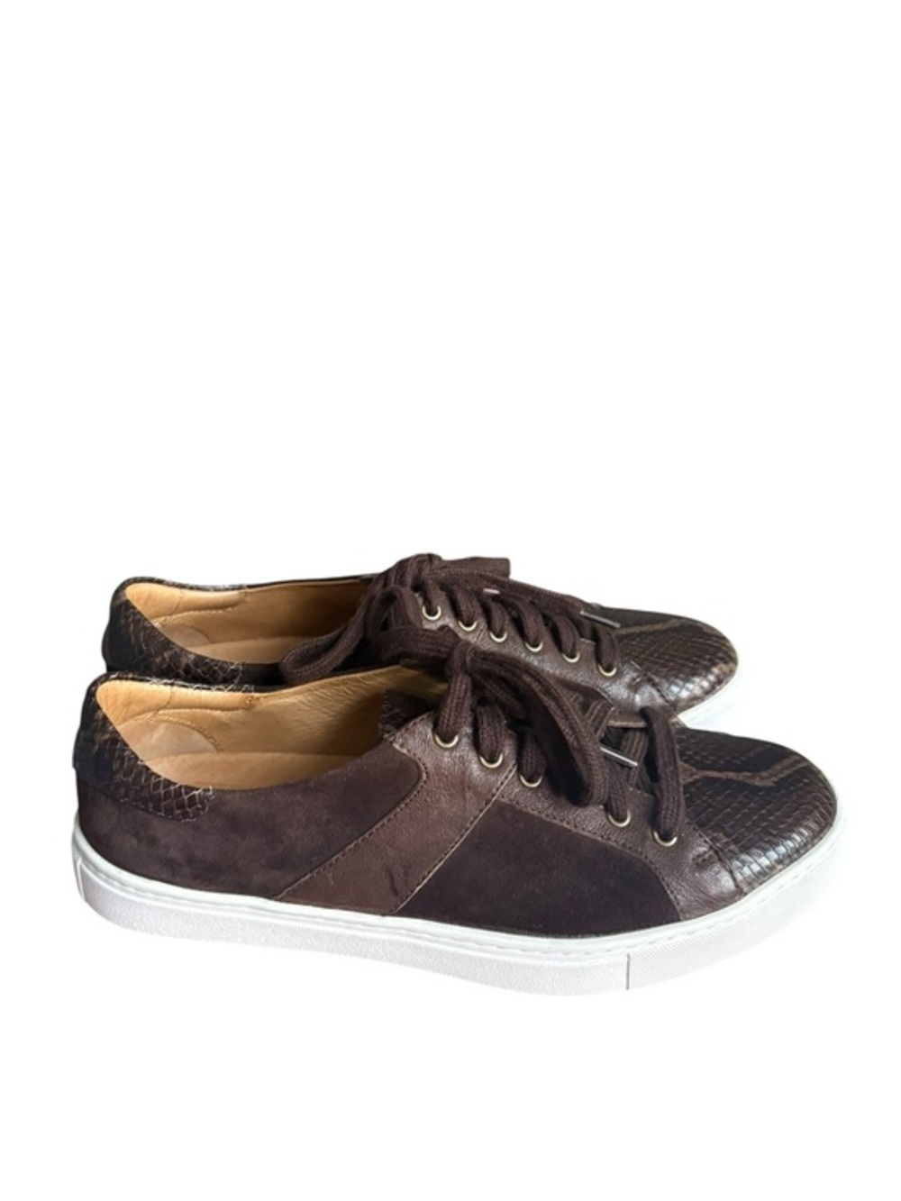 TRASK LINDSEY BROWN SNAKE-PRINT CALFSKIN/WASHED SHEEPSKIN/SUEDE size 7.5